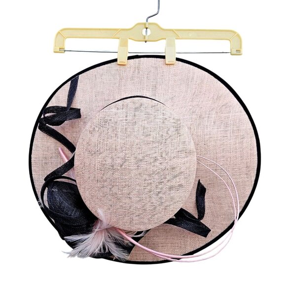 Y2K Cappelli Condici Pink Black Wide Brim Fascinator Hat Feathers L XL 25–26" - Picture 2 of 12